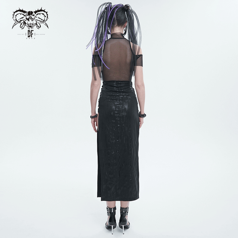 Back view of a woman in a black irregular off-shoulder splice split dress with mesh details, showcasing an edgy alternative style.
