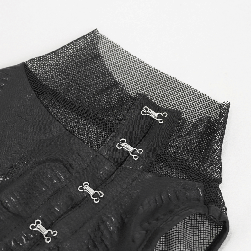 Close-up of black mesh detailing and spaghetti strap with clips on a trendy women's off-shoulder split dress.