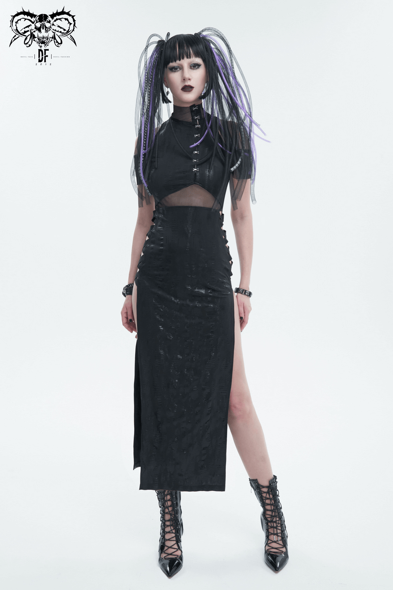 Black irregular off-shoulder splice split dress with mesh details and stylish side splits, ideal for alternative chic fashion.