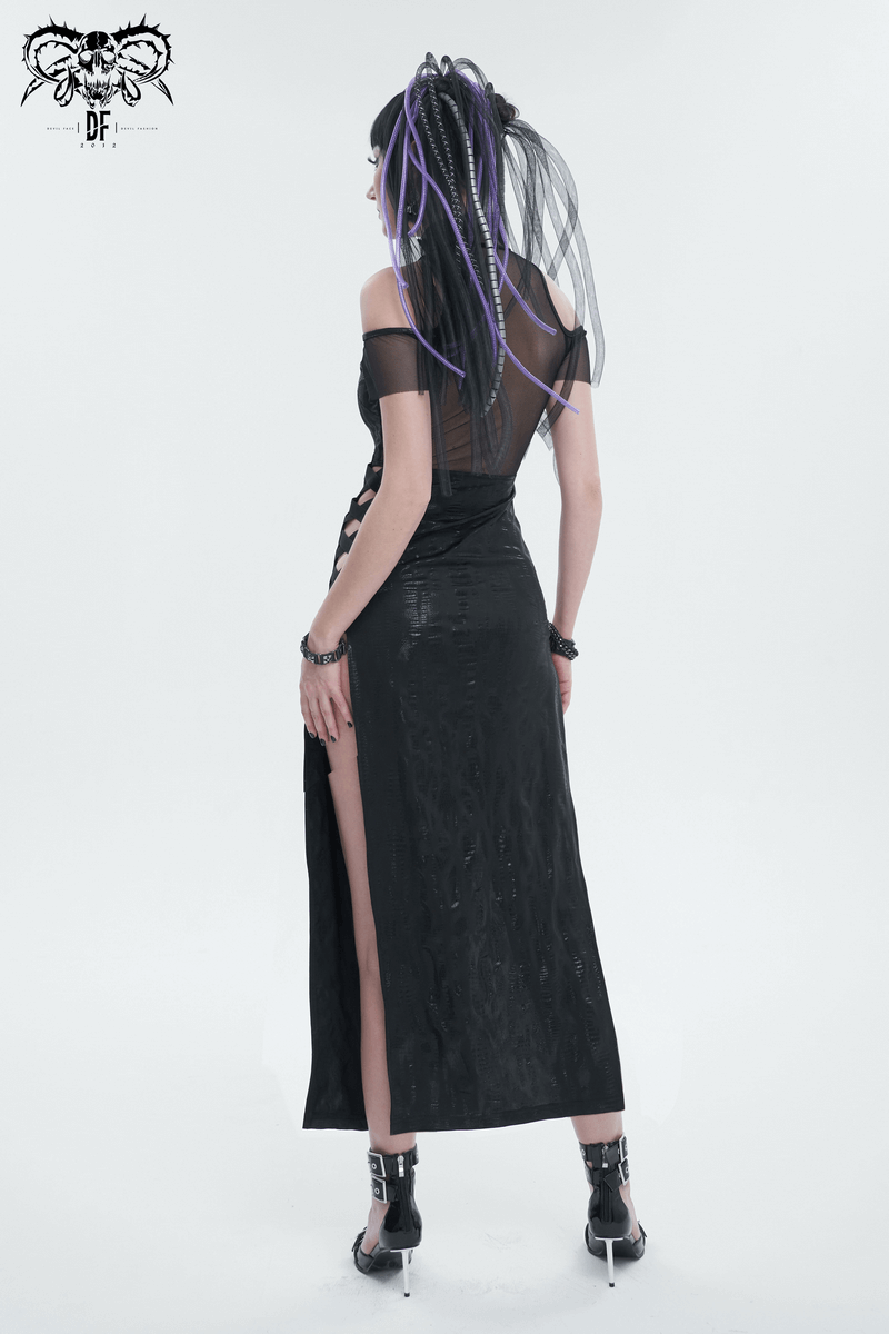 Back view of a black irregular off-shoulder splice split dress showcasing mesh details and stylish side slits.