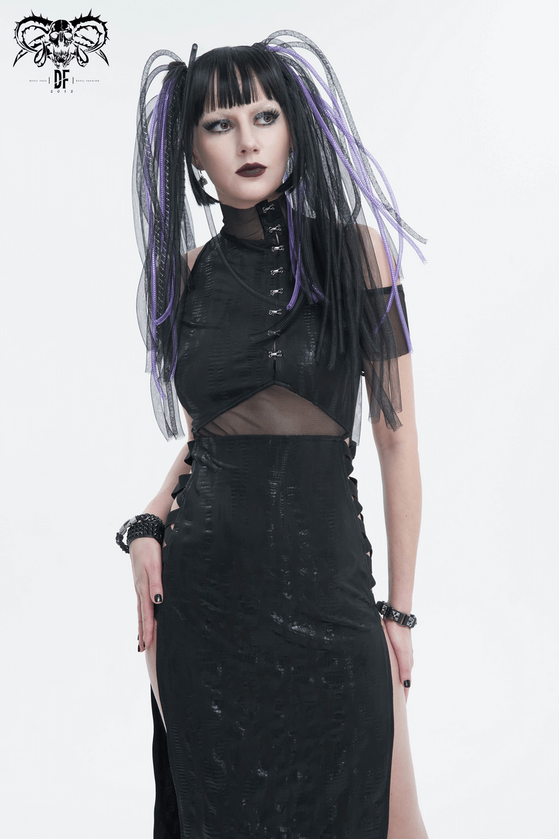 Black off-shoulder splice split dress showcasing stylish mesh details and edgy design, perfect for alternative fashion.