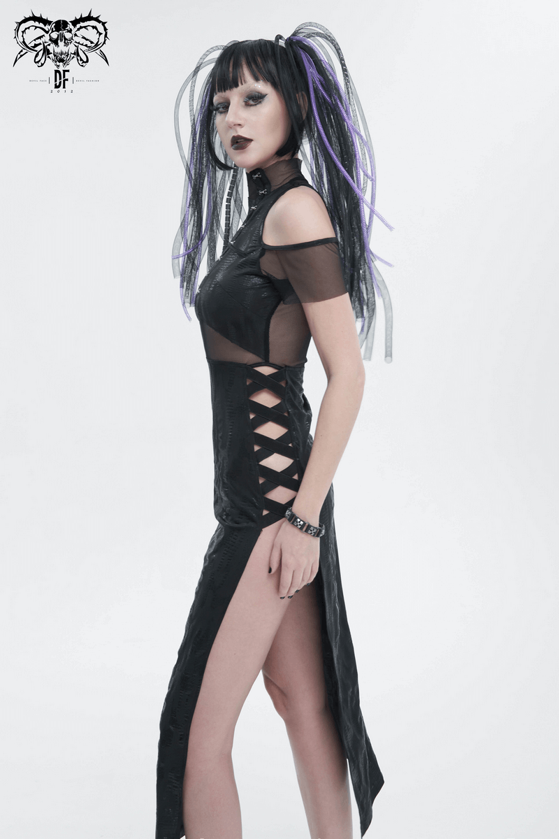 Elegant model showcasing a black off-shoulder split dress with mesh details and stylish side slits.