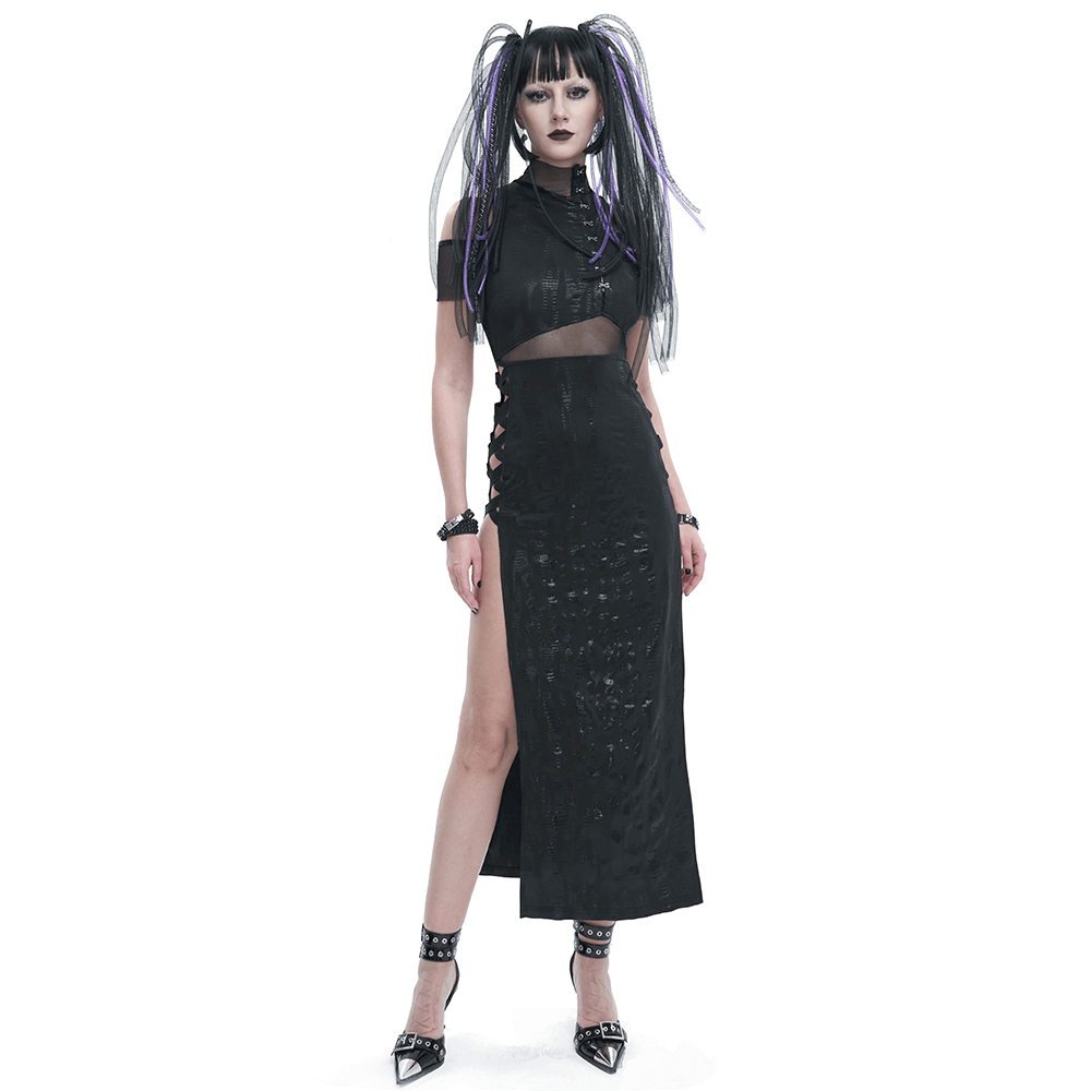 Women's black irregular off-shoulder splice split dress with mesh details, perfect for bold alternative fashion.