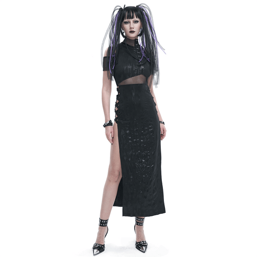 Black Irregular Off Shoulder Splice Split Dress / Women's Mesh Slim Fitted Dress on Sides