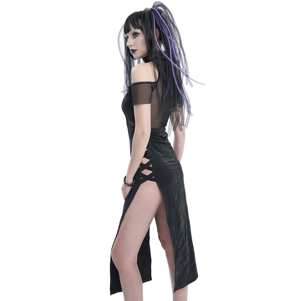 Women’s black off-shoulder splice split dress with mesh details, showcasing a daring alternative chic style.