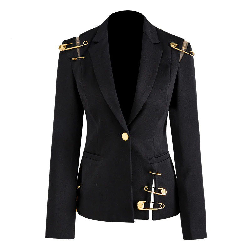 Stylish black jacket for women with gold pin accents, perfect for trendy outfits and a loose fit.
