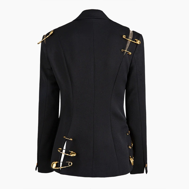 Stylish black women's jacket with unique pin details, perfect for trendy outfits and a loose fit.