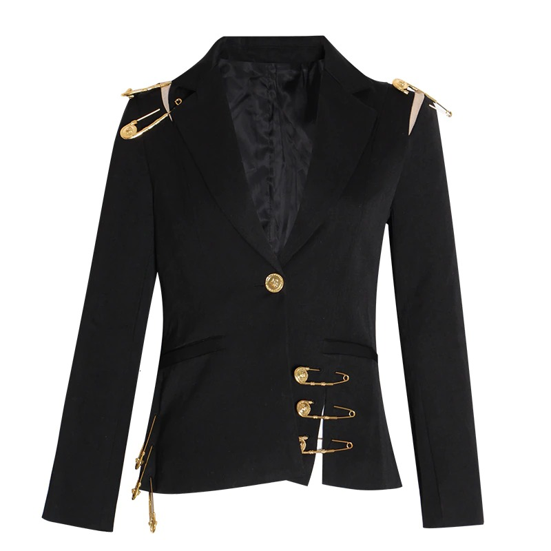 Stylish black jacket for women with pin details, featuring a loose fit and long sleeves, perfect for trendy outfits.