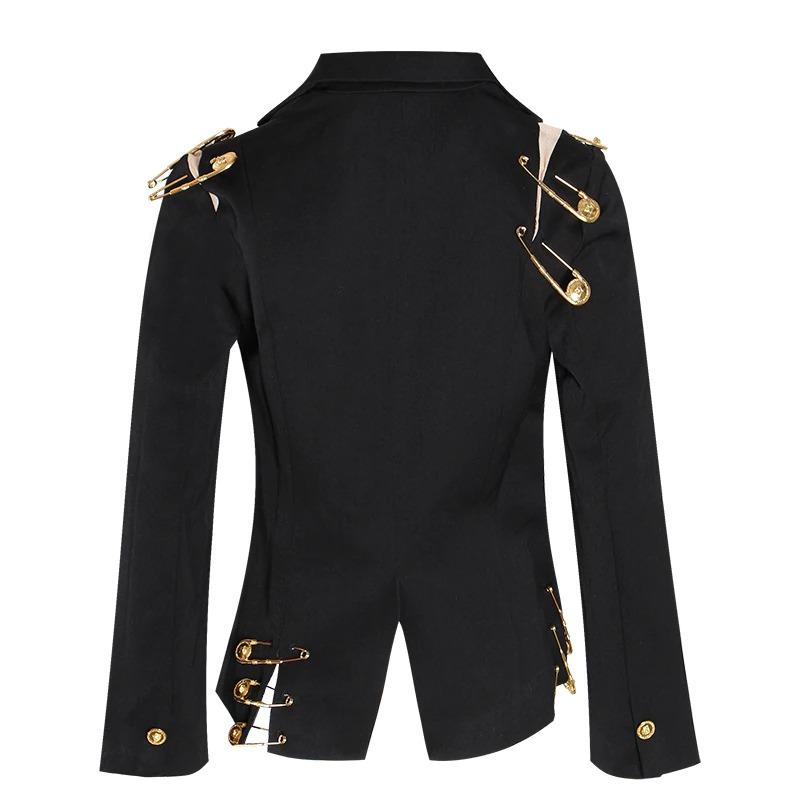 Back view of a trendy black long sleeve jacket for women with unique pin accessories and a sleek fit.