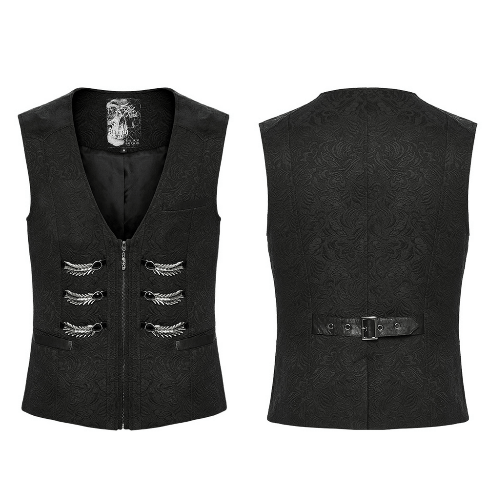 Black Jacquard Dragon Scale Gothic Waistcoat for Men with adjustable back buckle and intricate design.