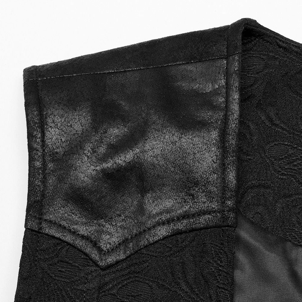 Close-up of the collar detail on a black jacquard dragon scale gothic waistcoat for men.