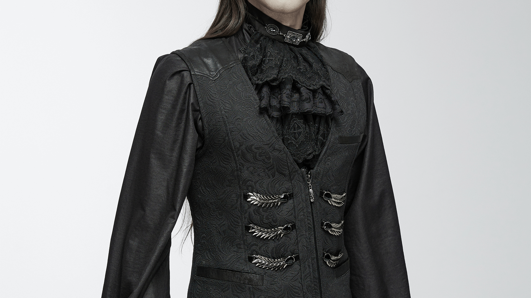 Black Jacquard Dragon Scale Gothic Waistcoat with adjustable back, featuring intricate detailing and a stylish V-neck design.