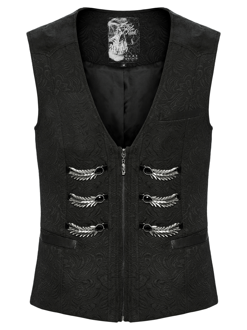 Black jacquard Gothic waistcoat for men with dragon scale design and adjustable back buckle. Perfect for dark fashion.