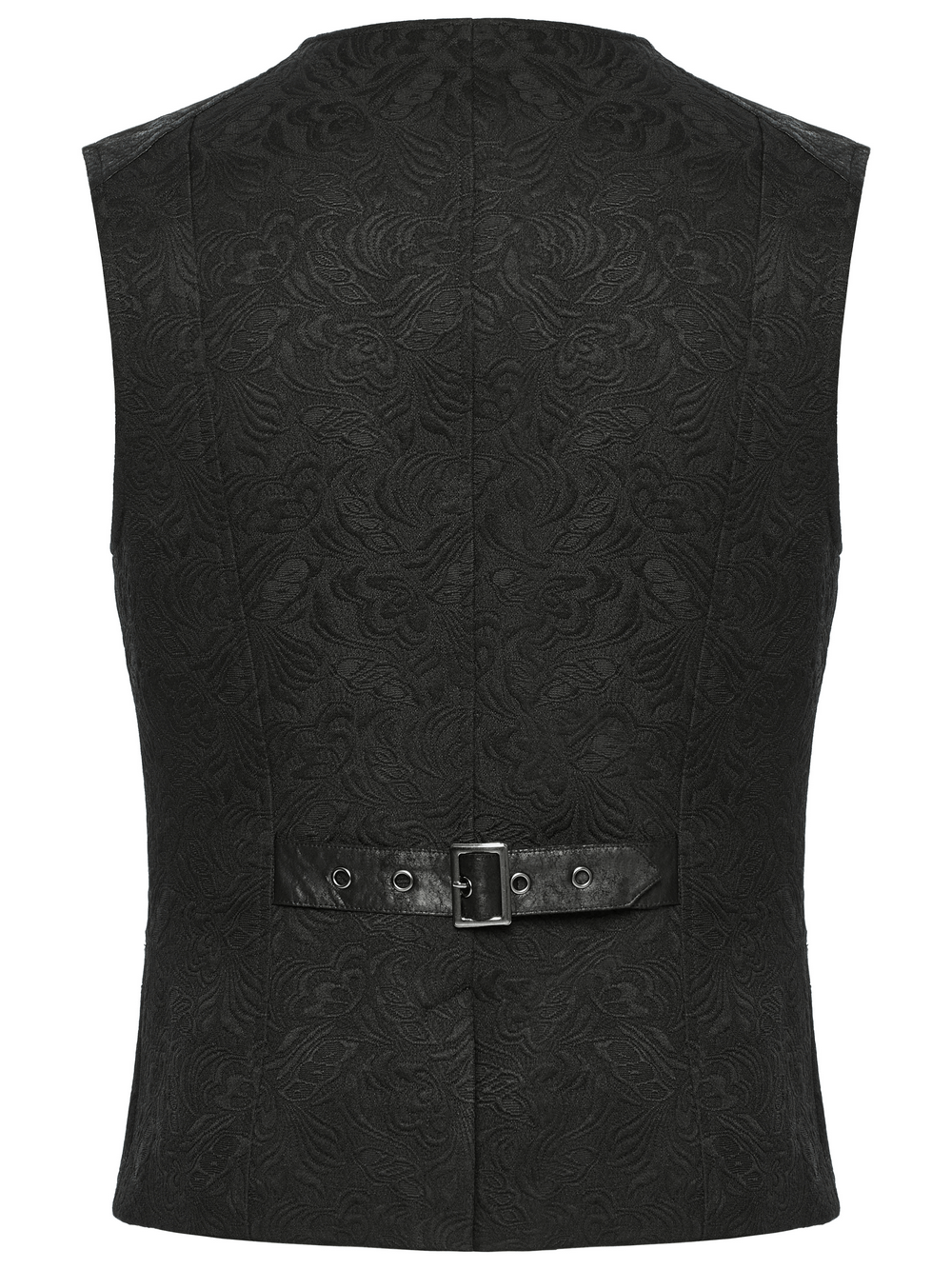 Black jacquard men's waistcoat back view with adjustable buckle, elegant gothic style for formal events.