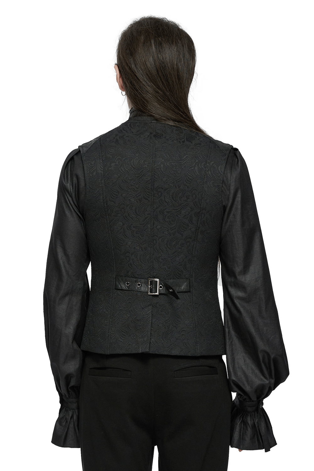 Back view of black jacquard dragon scale gothic waistcoat with adjustable buckle for men’s fashion.