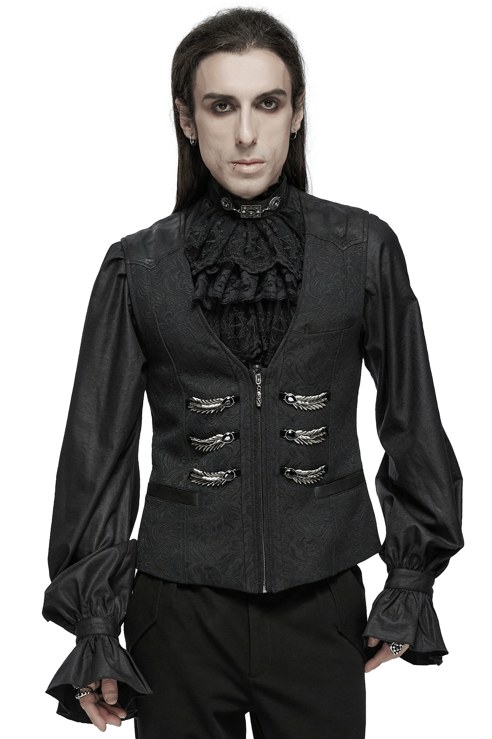 Stylish black Gothic waistcoat for men with intricate detailing and ruffled shirt, perfect for a dark, sophisticated look.