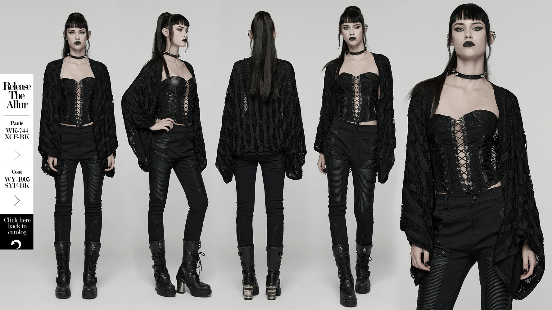 Black Knit Punk Cardigan with Ragged Loose Sleeve Design showcased on a model in multiple angles, stylish punk outfit.