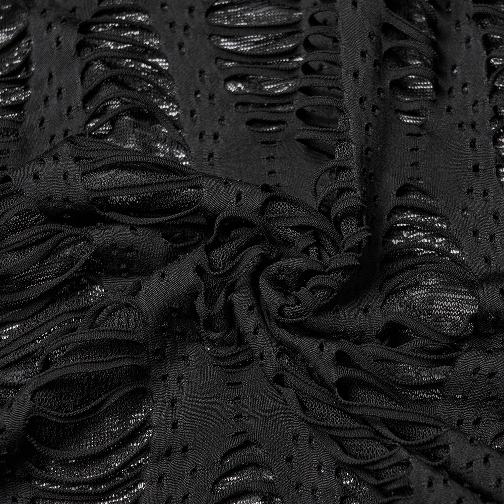 Black Knit Punk Cardigan with Ragged Loose Sleeve Design fabric detail showing unique texture and design.