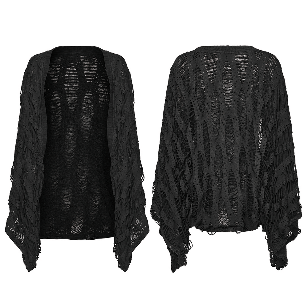 Black Knit Punk Cardigan with Ragged Loose Sleeve Design showcasing its unique texture and style.