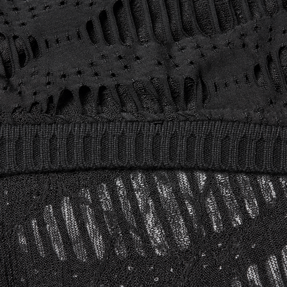 Close-up of Black Knit Punk Cardigan with Ragged Loose Sleeve Design showcasing unique fabric texture.