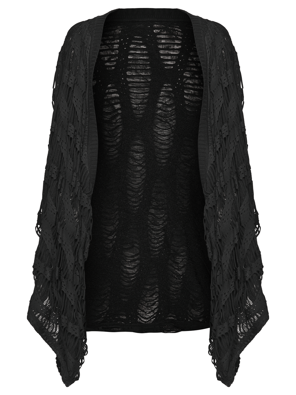 Black Knit Punk Cardigan with Ragged Loose Sleeve Design, showcasing a unique open weave pattern.