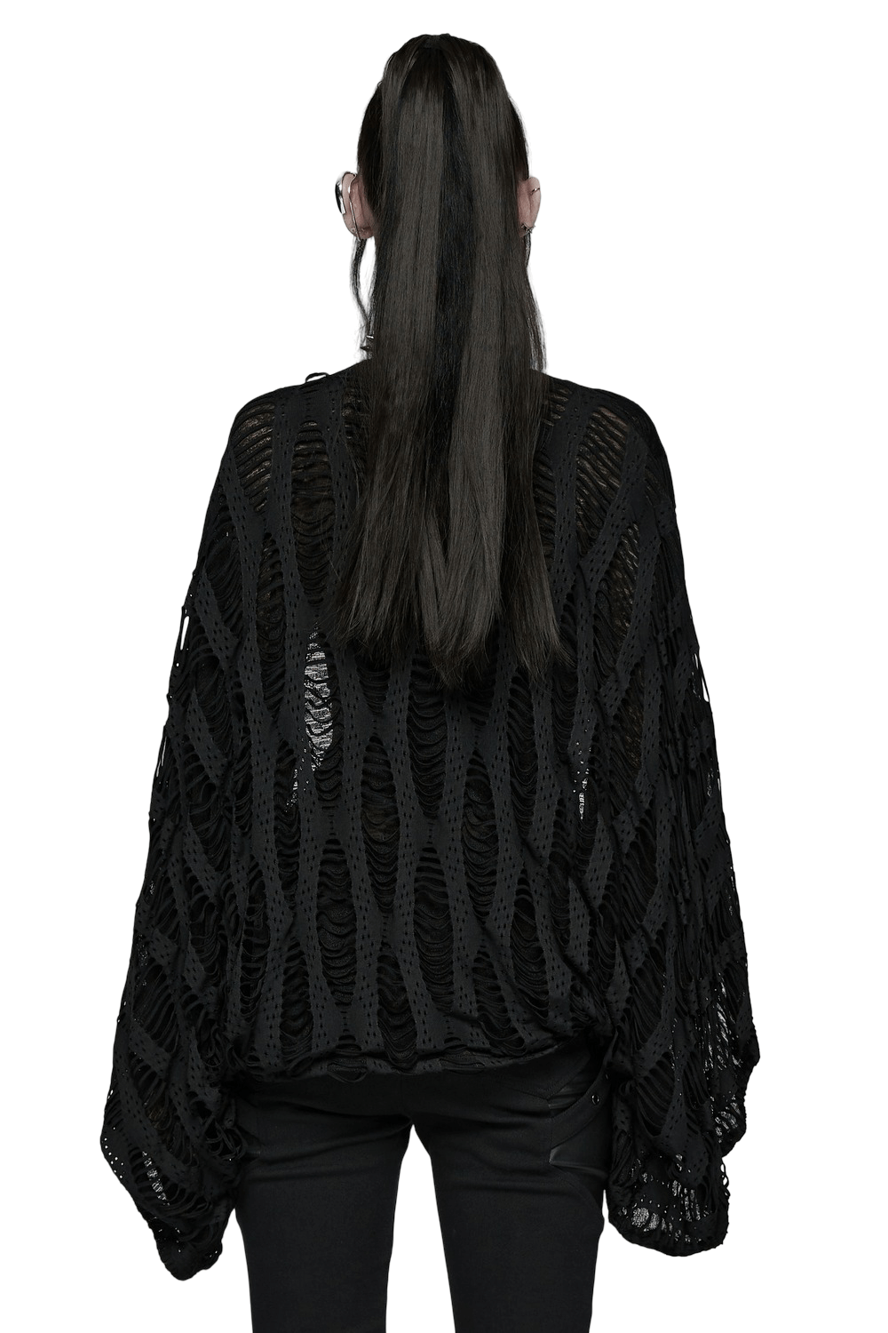 Black Knit Punk Cardigan with Ragged Loose Sleeve Design worn from the back, showcasing its unique style.
