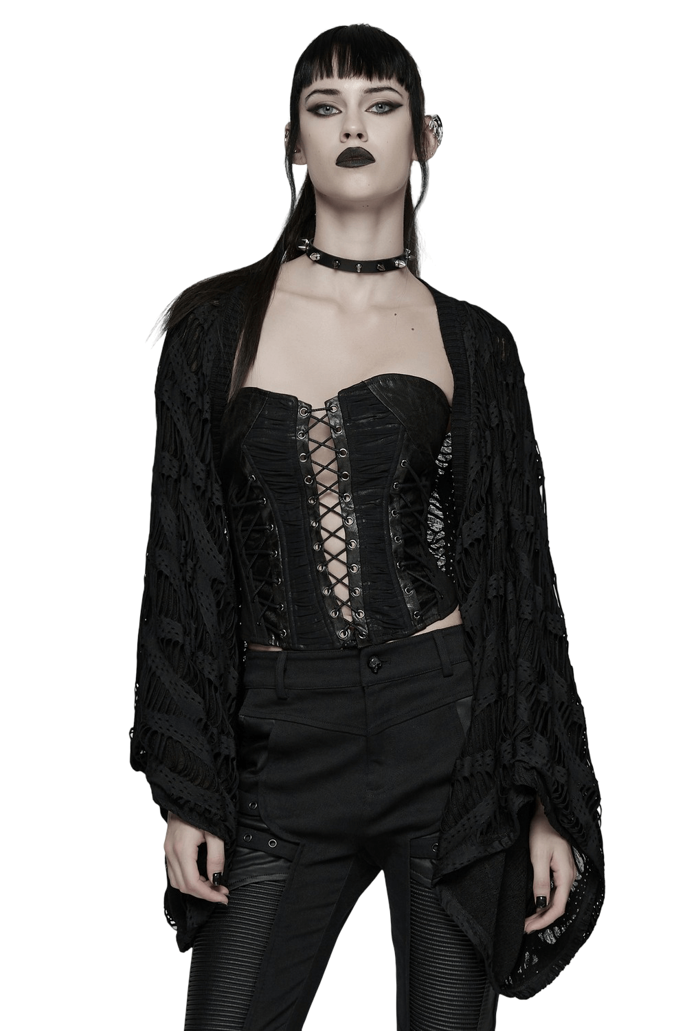 Model wearing a Black Knit Punk Cardigan with Ragged Loose Sleeve Design over a lace-up corset.