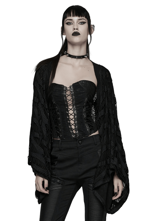 Schwarze Strick-Punk-Strickjacke mit zerlumptem, losem Ärmel-Design