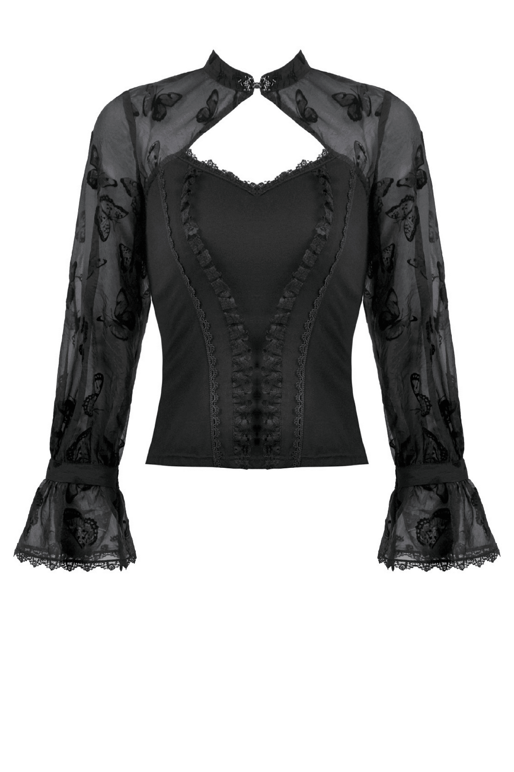 Black Lace and Velvet Butterfly-Detail Victorian Top featuring elegant butterfly designs and lace sleeves.