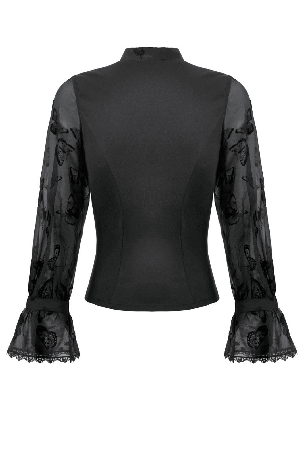 Back view of Black Lace and Velvet Butterfly-Detail Victorian Top showcasing elegant butterfly lace sleeves.