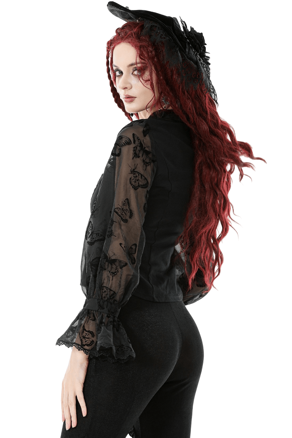 Model showcasing the Black Lace and Velvet Butterfly-Detail Victorian Top with lace sleeves and a stylish hat.