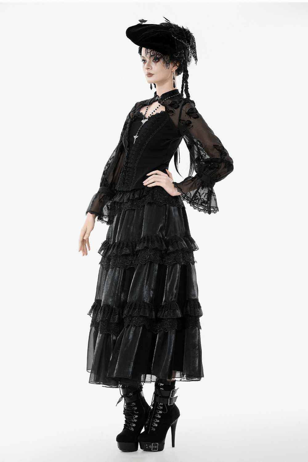 Black Lace and Velvet Butterfly-Detail Victorian Top elegantly displayed on a mannequin with a dramatic hat.