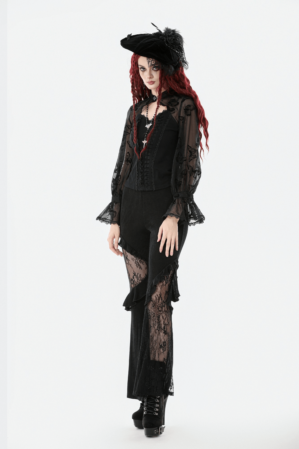 Black Lace and Velvet Butterfly-Detail Victorian Top paired with stylish pants and a stunning hat, showcasing gothic elegance.
