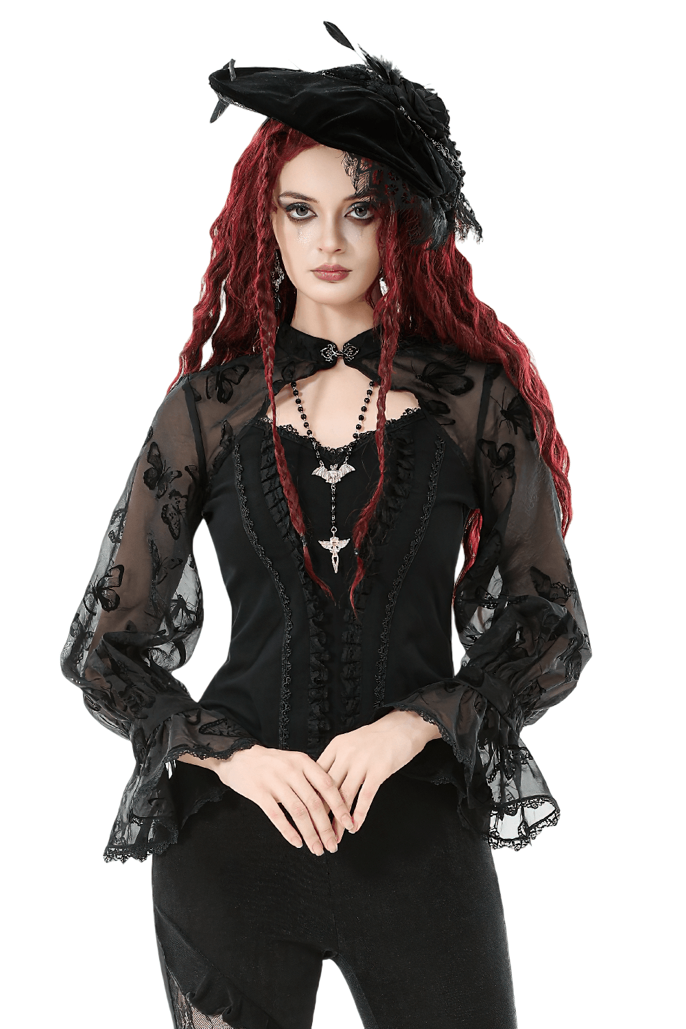 Model wearing a stylish Black Lace and Velvet Butterfly-Detail Victorian Top with butterfly motifs and elegant accessories.
