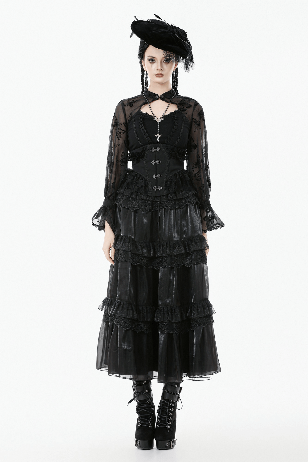 Black Lace and Velvet Butterfly-Detail Victorian Top model showcasing elegant goth fashion with intricate lace details.