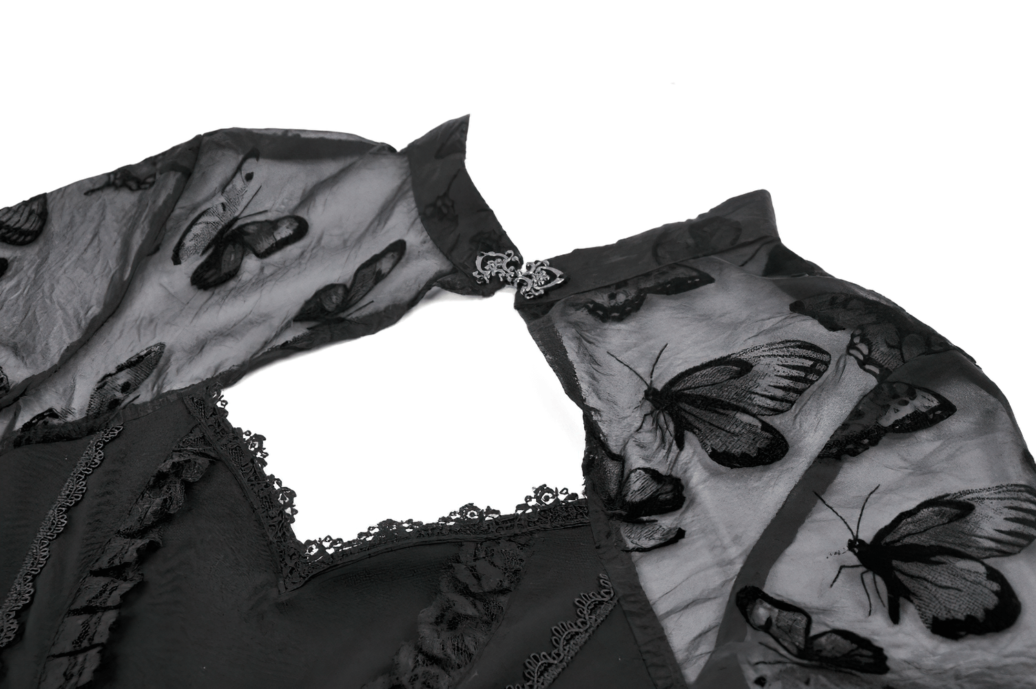 Black Lace and Velvet Butterfly-Detail Victorian Top with intricate butterfly designs and elegant lace detailing.