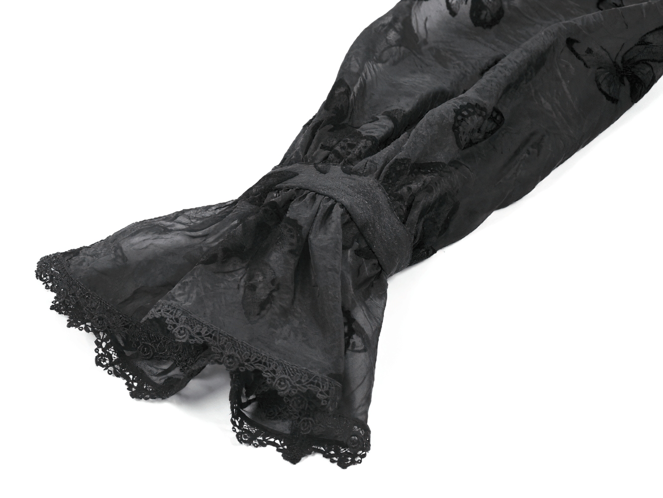 Close-up of the sleeve of a Black Lace and Velvet Butterfly-Detail Victorian Top, featuring delicate lace and butterfly details.
