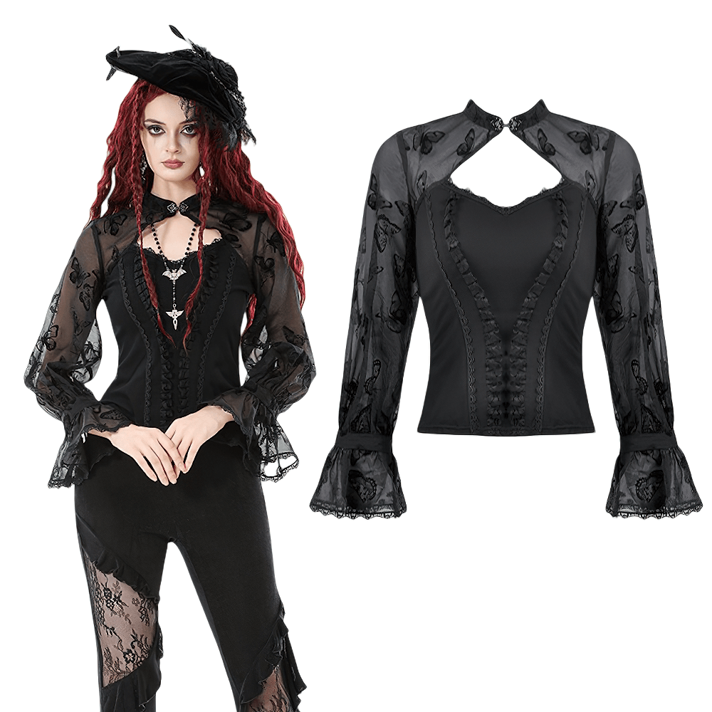 Black Lace and Velvet Butterfly-Detail Victorian Top showcased on model and flatlay.