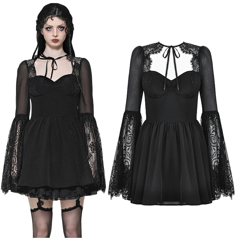 Black lace bell-sleeved dress with a corset back, sheer mesh upper, and romantic lace details.