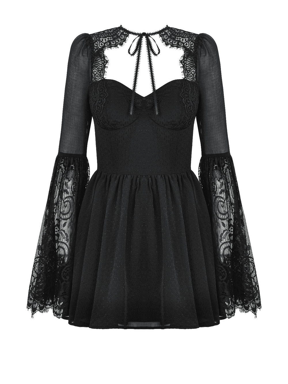 Black lace bell-sleeved dress with corset back and romantic tie neck, perfect for gothic and Victorian styles.