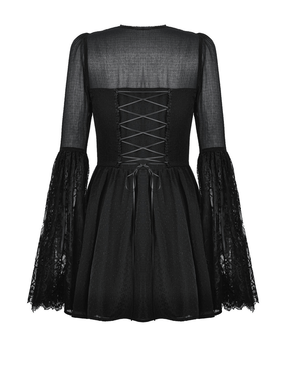Back view of black lace bell-sleeved dress with corset lacing and flowing skirt, perfect for gothic elegance.