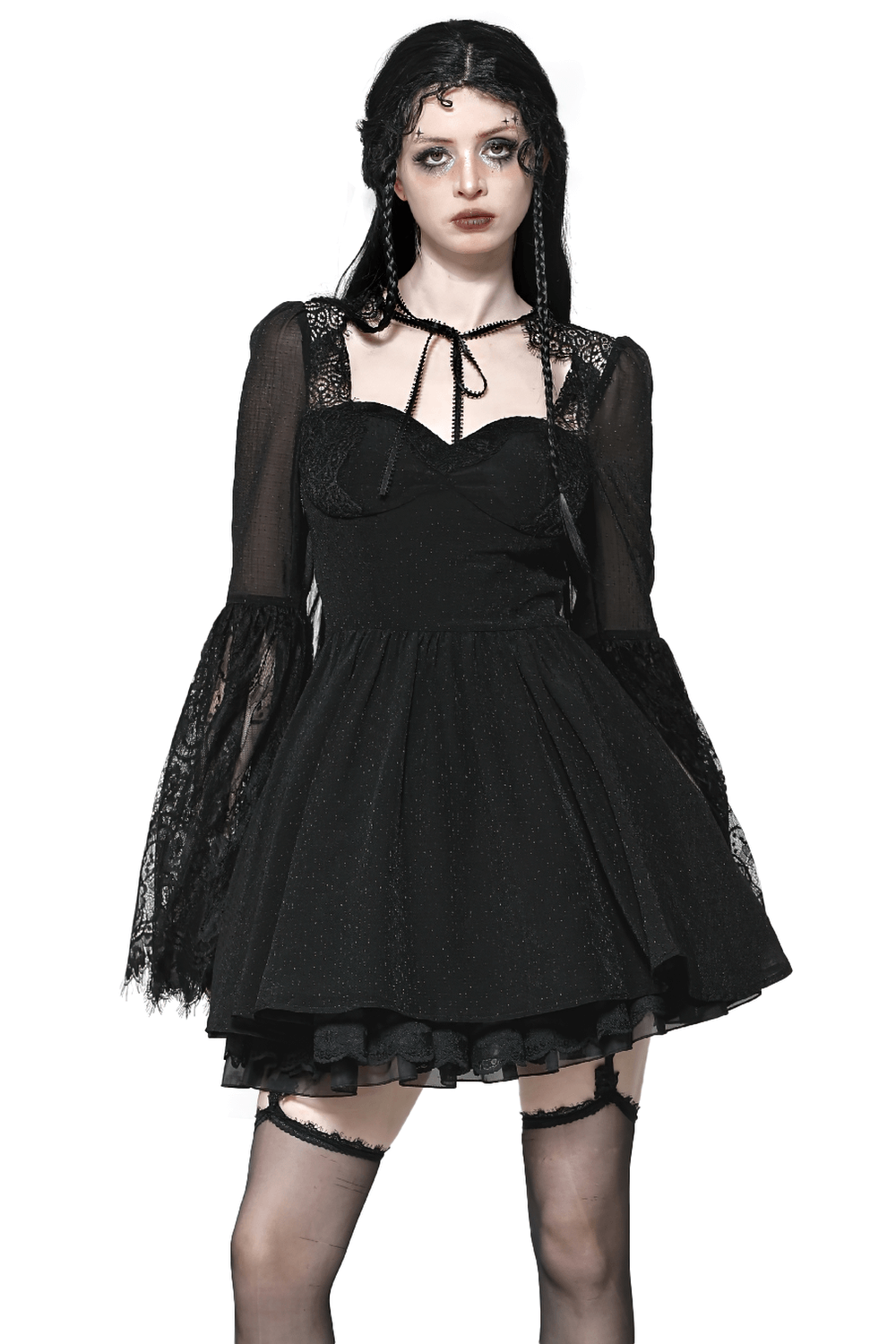 Black lace bell-sleeved dress with corset back, perfect for gothic and romantic styles.