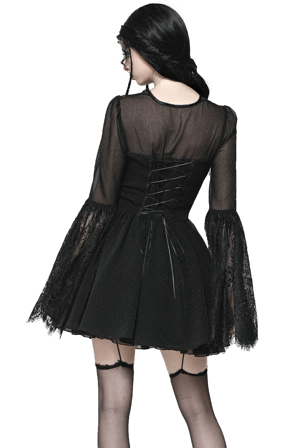 Back view of a black lace bell-sleeved dress featuring a corset back and sheer mesh upper.