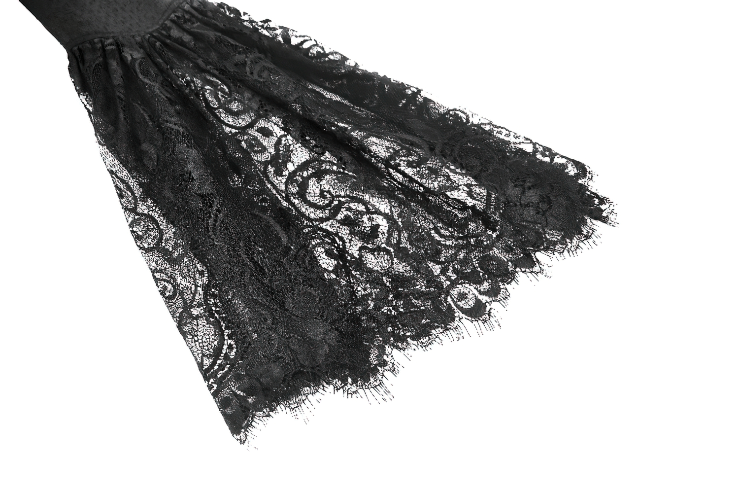 Black lace bell sleeves featuring intricate patterns, perfect for a gothic dress inspired by Victorian elegance.