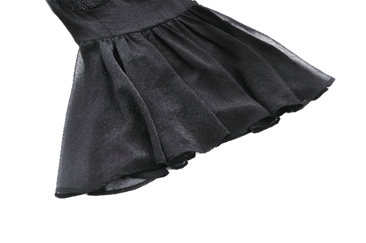 Flowing black lace bell-sleeved dress with corset back, featuring a sheer mesh skirt for a romantic gothic look.