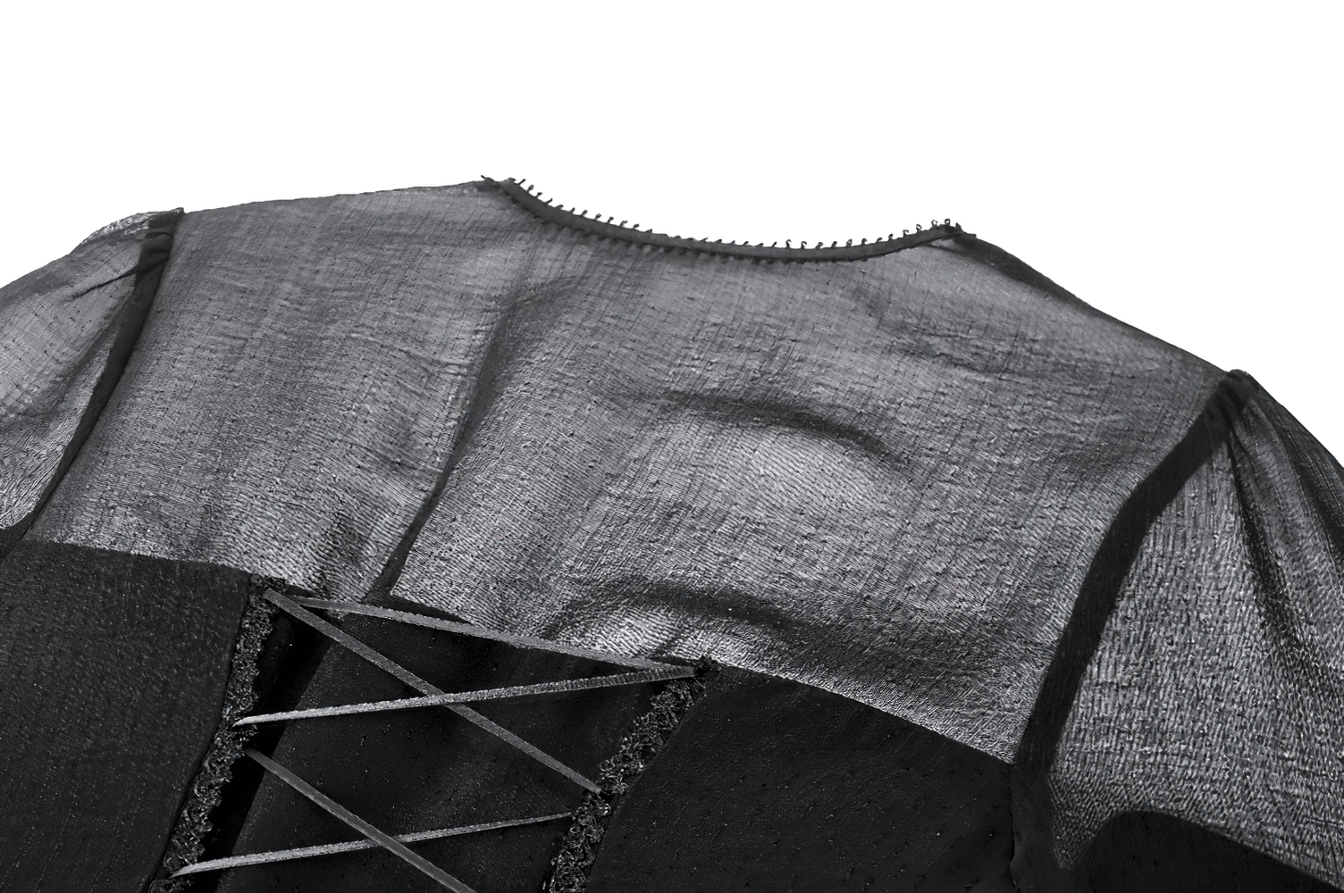 Close-up of black mesh dress featuring corset lace-up back detail and sheer fabric for a gothic, romantic look.