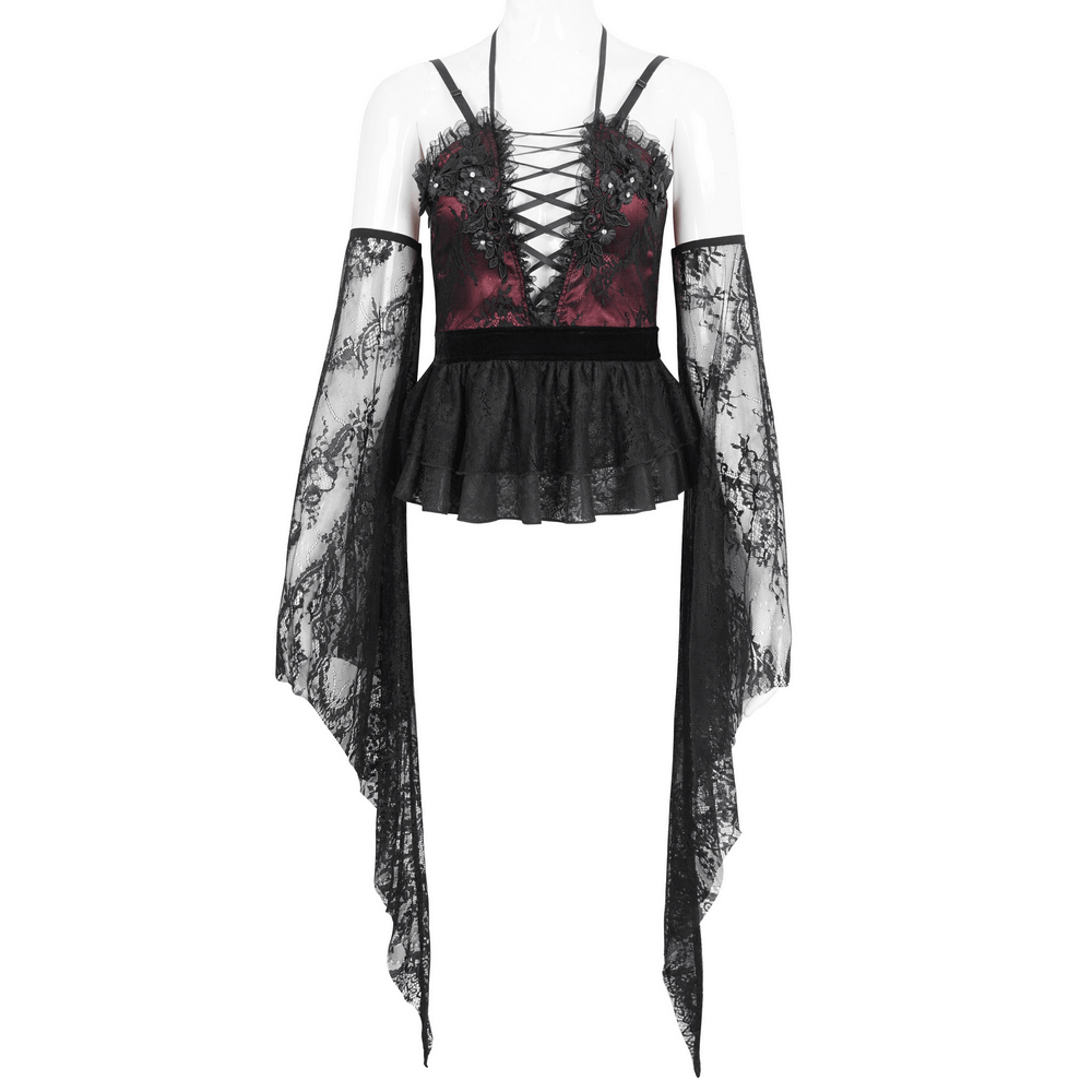 Gothic Victorian black lace top with bell sleeves and lace-up detail, perfect for romantic occasions.