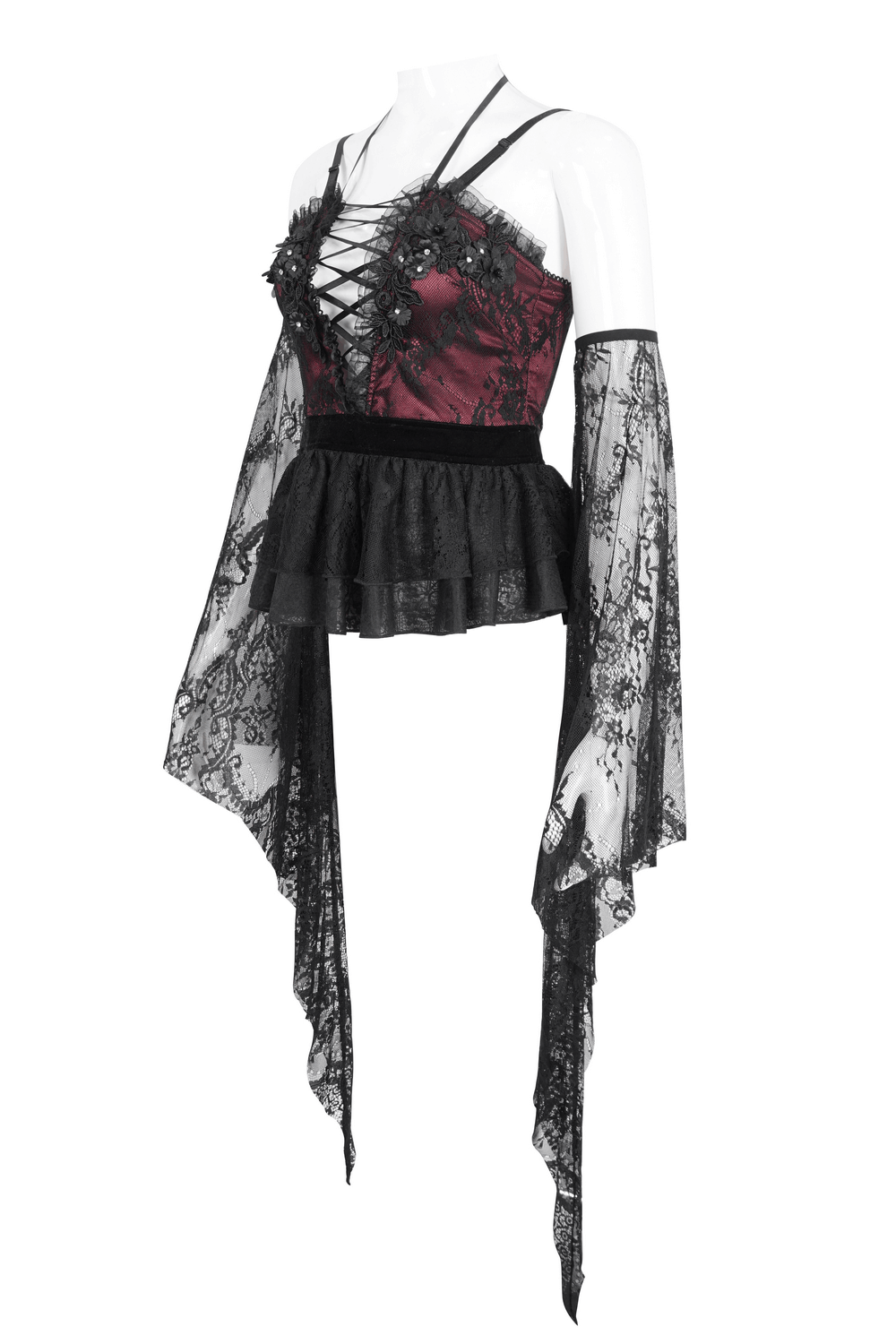 Alluring black lace top with bell sleeves, featuring a dramatic overlay and gothic Victorian style for a captivating look.
