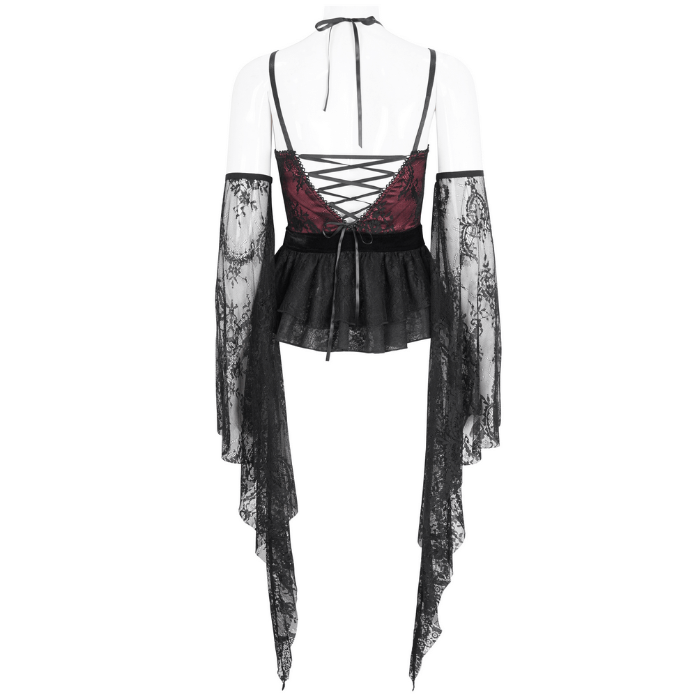 Back view of a black lace top with dramatic bell sleeves, featuring a laced corset design and gothic style.
