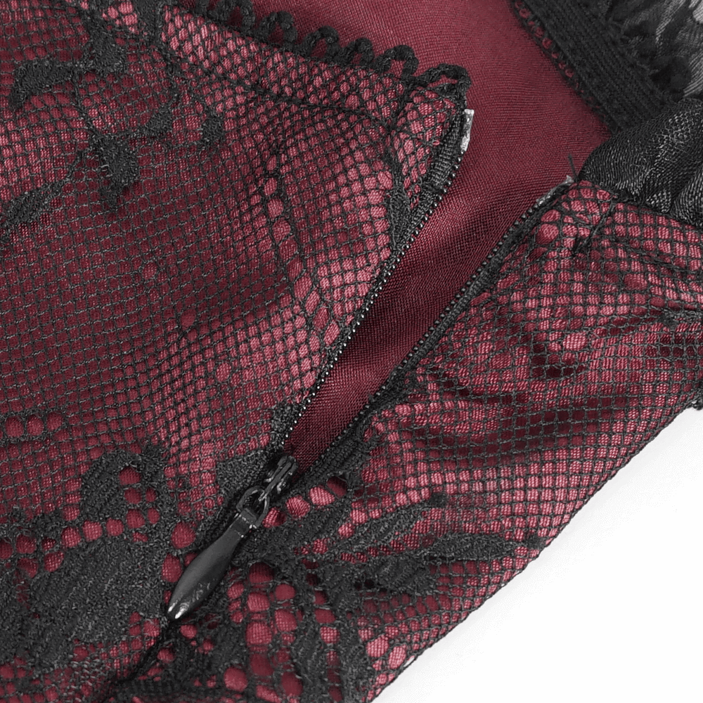 Close-up of black lace detailing with zipper, showcasing gothic style and Victorian elegance.